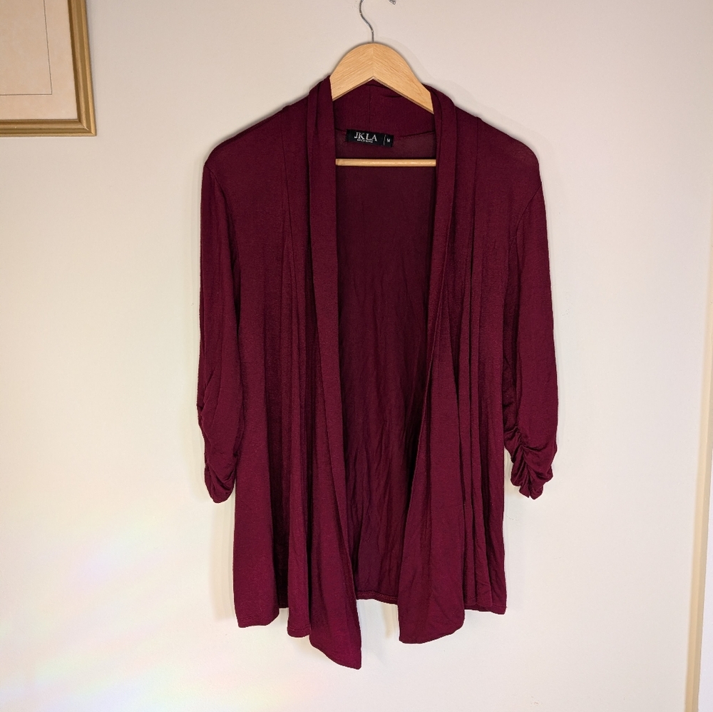 💐JKLA Burgundy Open Front Draped Cardigan | Ruched 3/4 Sleeve 💐3 For $20💐